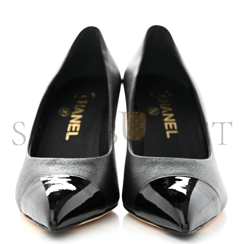CHANEL GOATSKIN PATENT CALFSKIN CAP TOE CC PEARL PUMPS 